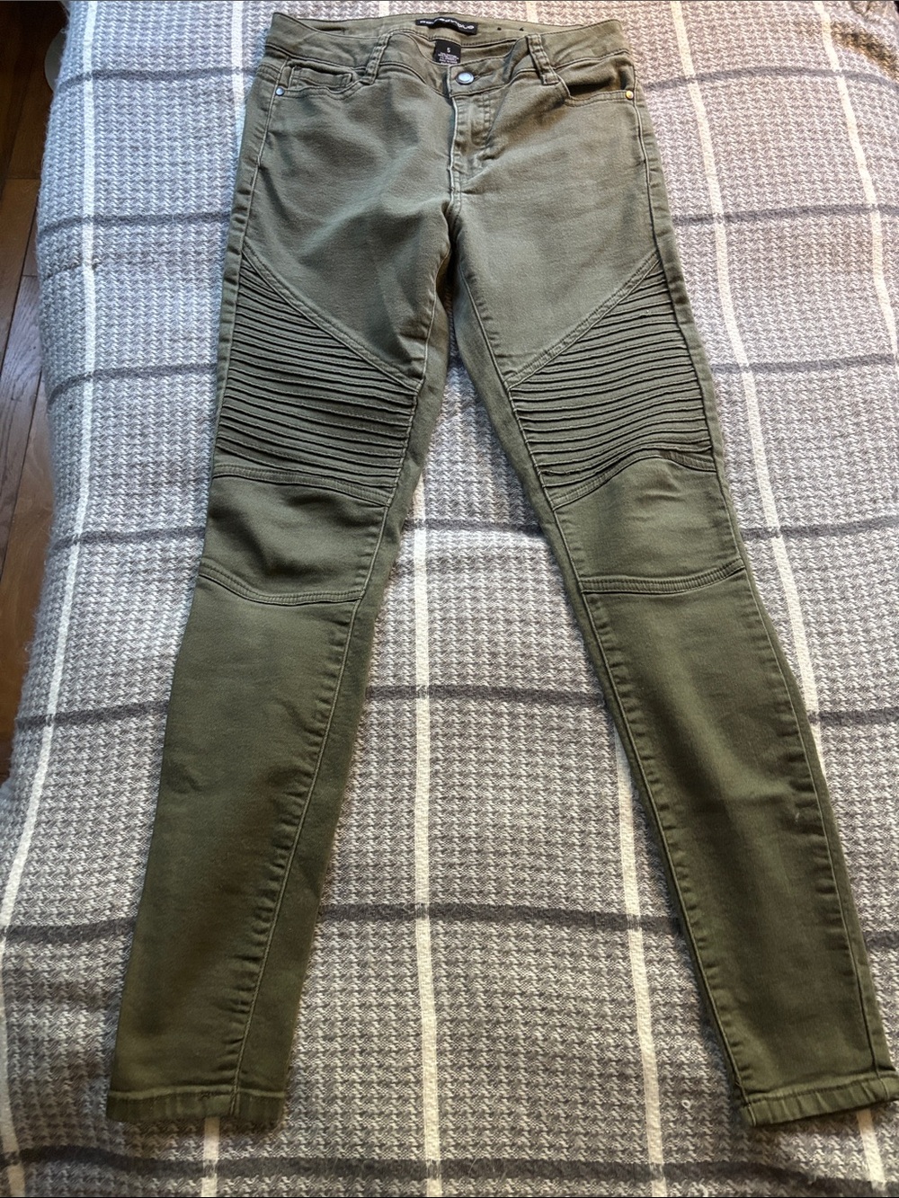 Olive Green Moto Ribbed Skinny Jeans for Women
